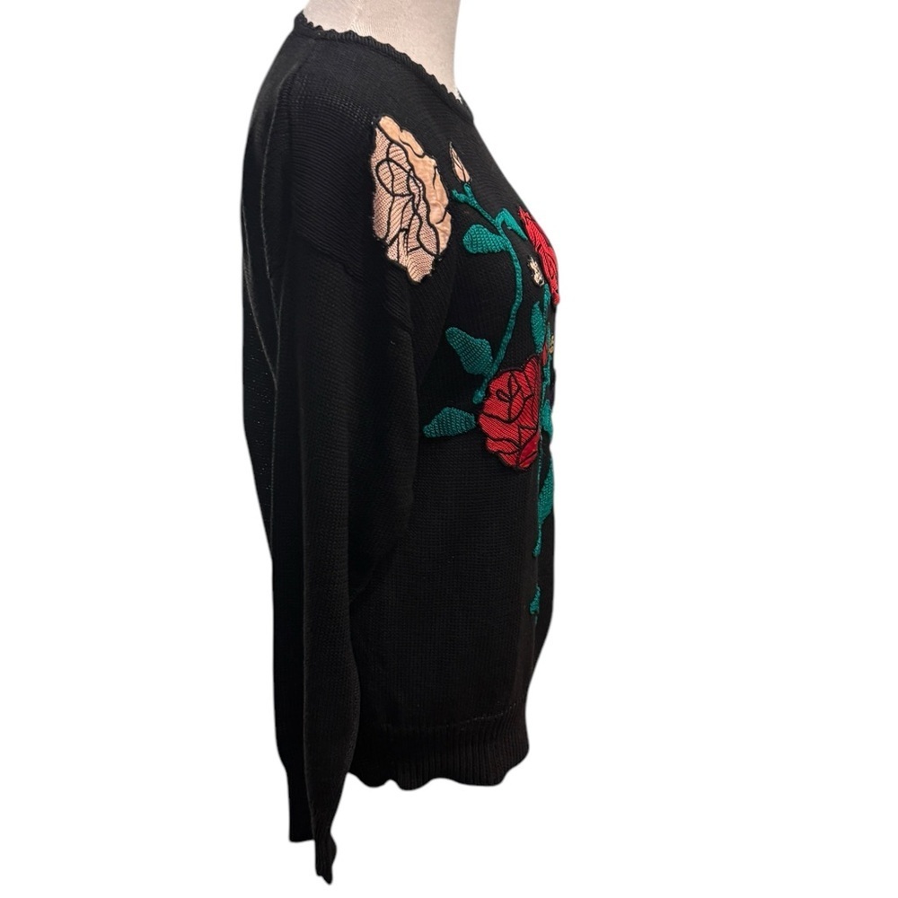Richard Martin Women’s Medium Black Sweater w/ Multi Color Roses Size M Vintage - Picture 5 of 13
